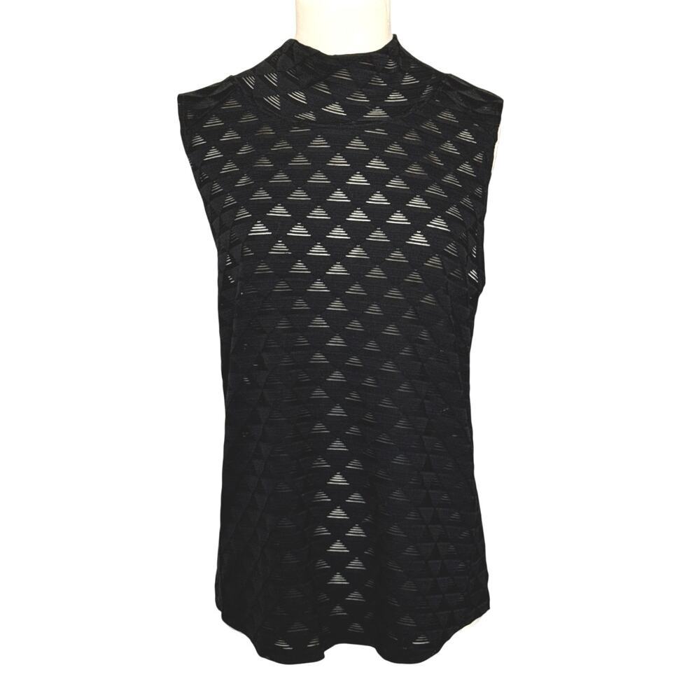 Oiselle Women’s Size 10 Black Sleeveless Mock Neck Top Sheer Geometric Athletic